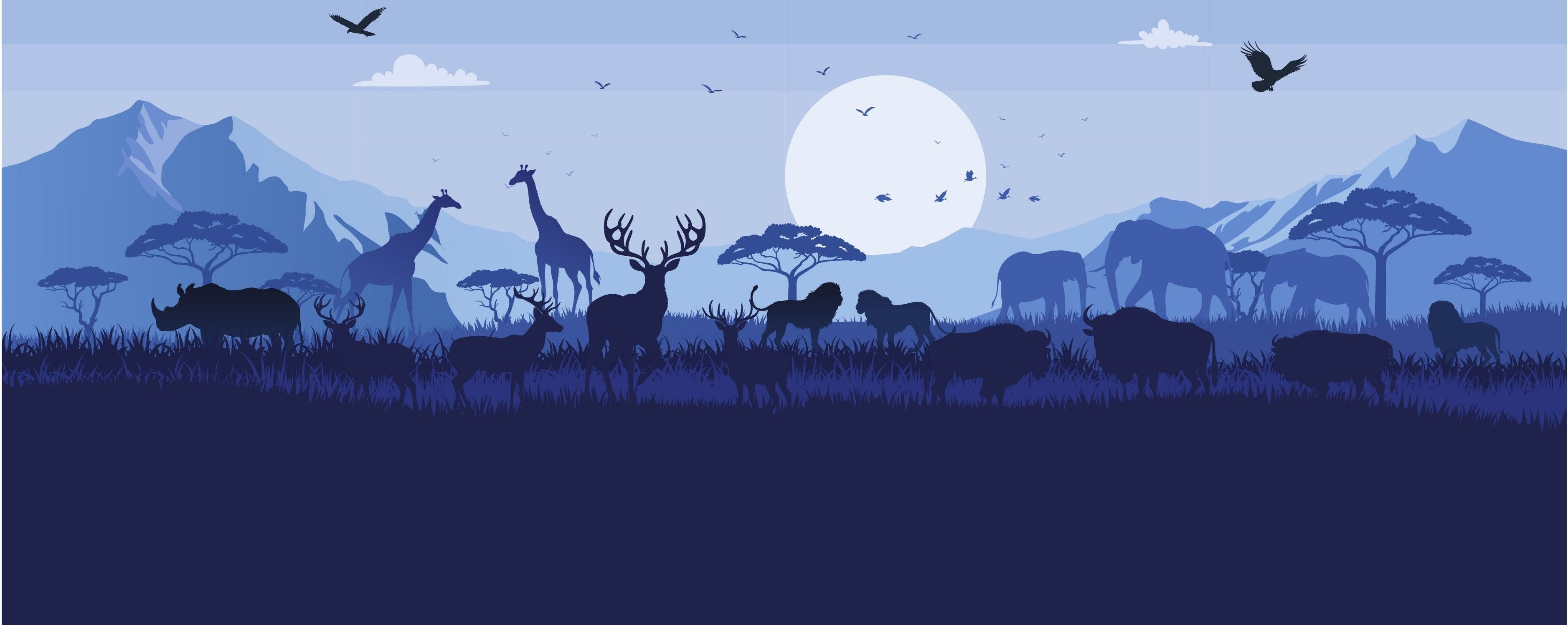 Stylized blue landscape with silhouettes of spirit animals like elephants, giraffes, and deer under a large sun, representing the FIELDTHREADS brand.